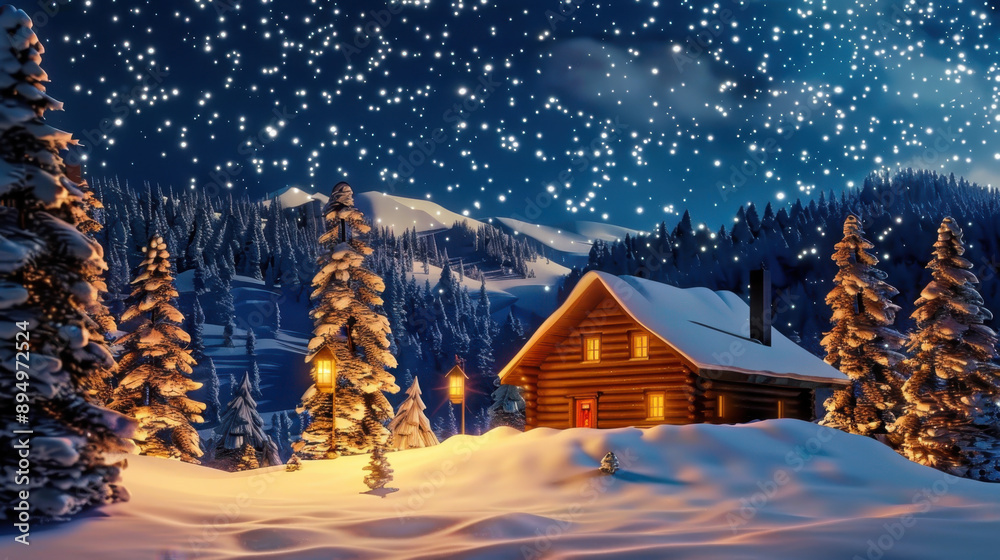 Fototapeta premium Cozy log cabin illuminated at night surrounded by snow-covered trees in a winter wonderland setting with falling snowflakes