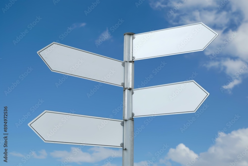 The image displays four blank white road signs pointing in different directions against a clear blue sky with a few clouds. The image displays four blank white road signs pointing in different directions against a clear blue sky with a few clouds.