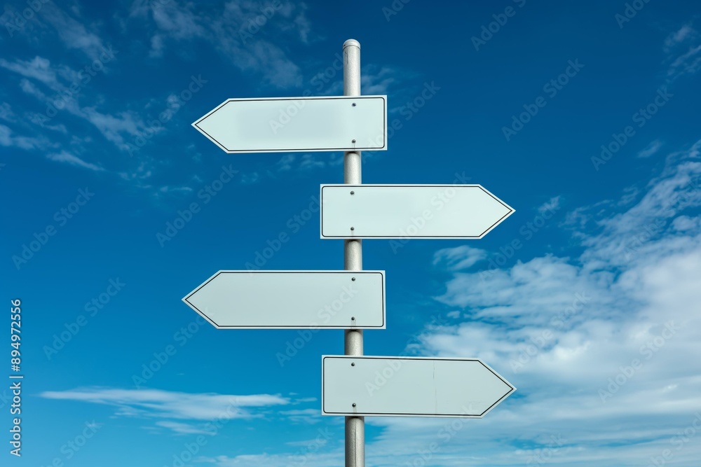 An image of four blank white road signs pointing in different directions against a background of a bright blue sky with scattered clouds.