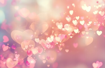 A light pink background with blurred hearts and light sparkles.