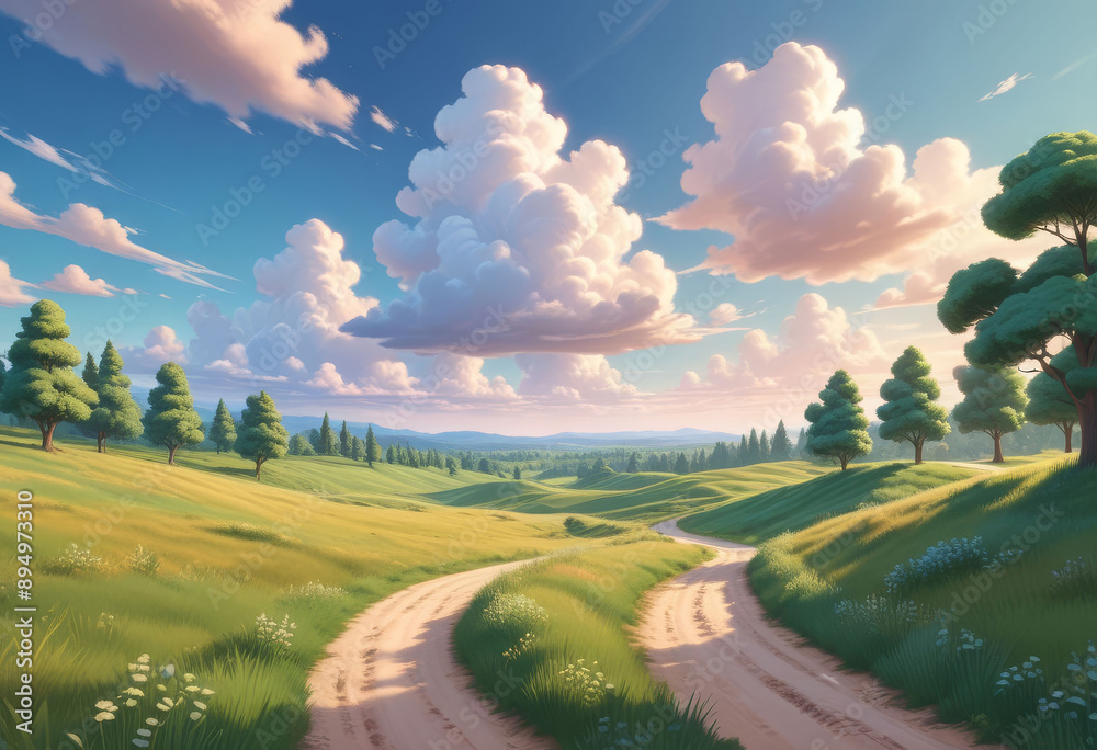Magical meadow with a winding trail, cartoon style, lively scene, bright sky with clouds.
