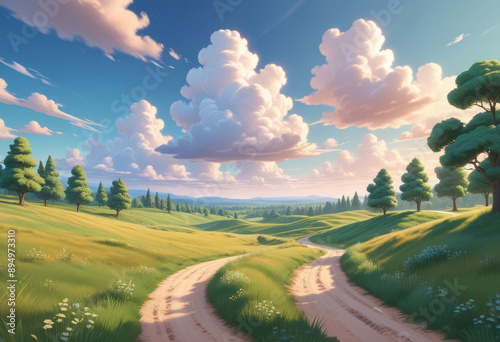 Obraz na płótnie Magical meadow with a winding trail, cartoon style, lively scene, bright sky with clouds. w salonie