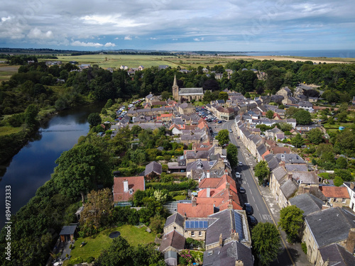 Warkworth old center aerial view, Northumberland, England