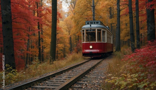 Vintage red tram surrounded by autumn foliage on tracks