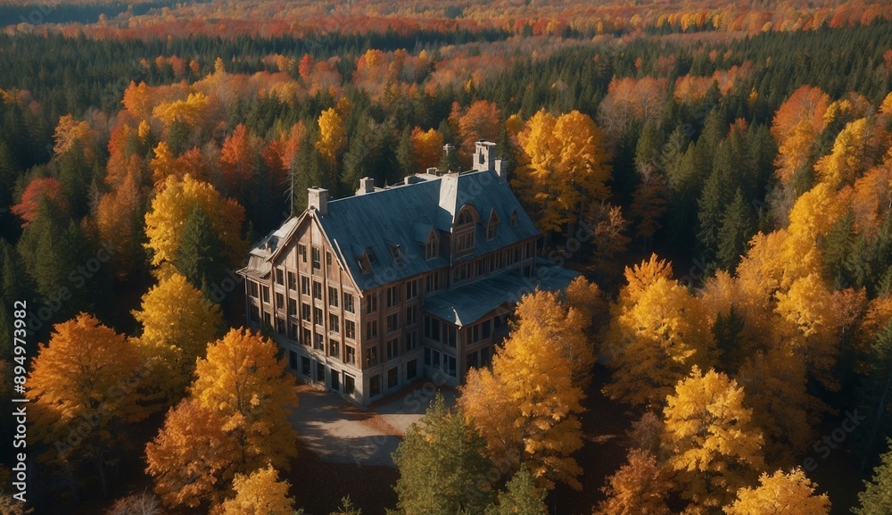 Obraz premium Large building surrounded by vibrant autumn trees in forest.