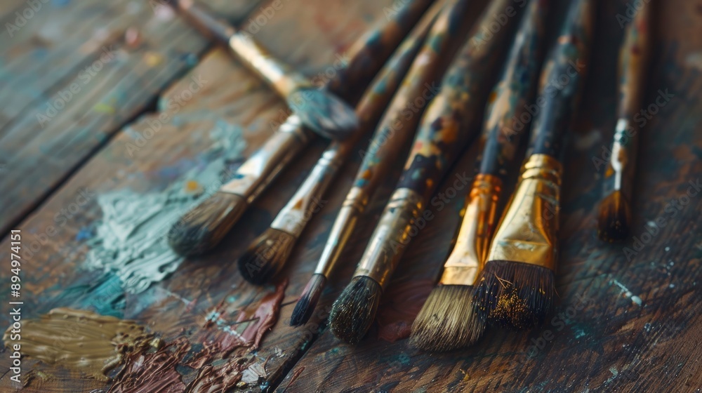 Fototapeta premium Old artist brushes on wooden table