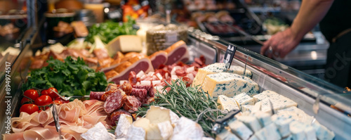 A grocery store deli counter with an assortment of cold cuts, cheeses, and prepared foods. photo