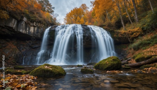 Broad waterfall with large mossy rocks in autumn.