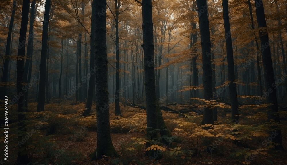 Dense foggy autumn forest with tall dark trees. Dense foggy autumn forest with tall dark trees.