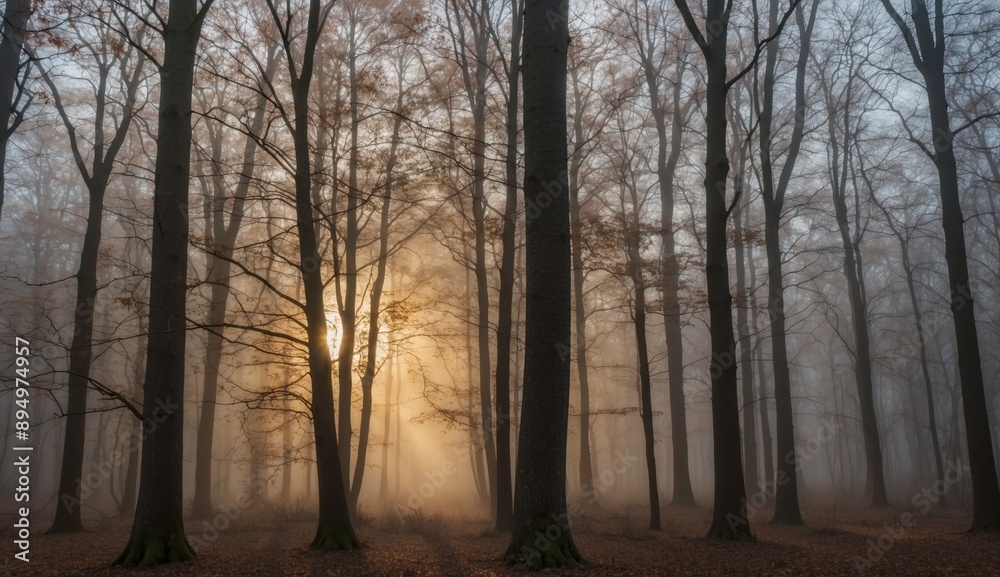 Sunlight piercing through misty autumn forest trees. Sunlight piercing through misty autumn forest trees.