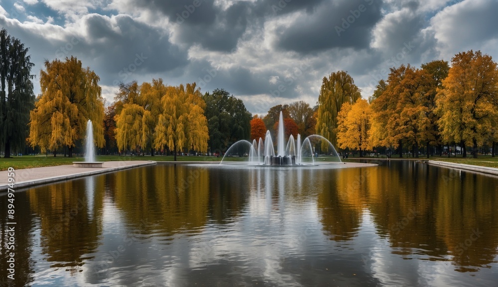 Obraz premium Autumn park fountain reflecting trees and sky.