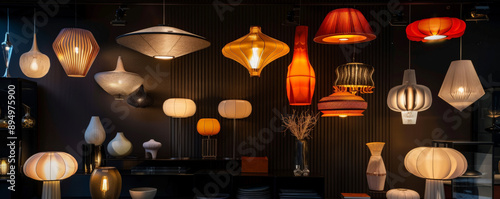 A dark room with a ceiling adorned with various stylish electric lamps, their warm light creating a cozy and inviting atmosphere. The modern designs of the lamps stand out against the dark background,