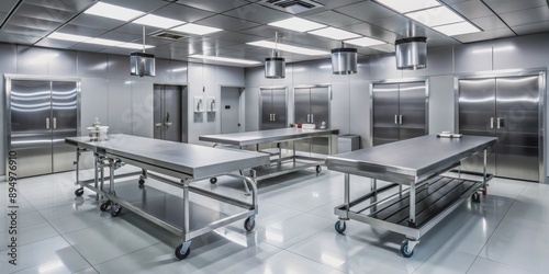 Sterile interior of a modern morgue with stainless steel tables and equipment, morgue, interior, modern photo