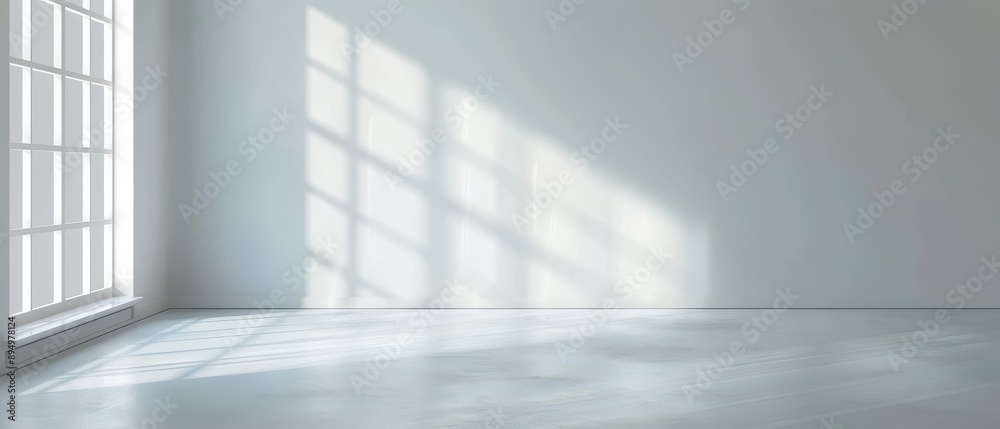 Fototapeta premium A large, empty room with a window that lets in sunlight. The room is very clean and has a very simple design
