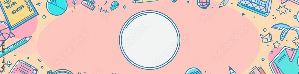 Cute and simple vector doodle with school icons on a pastel background, space for text.