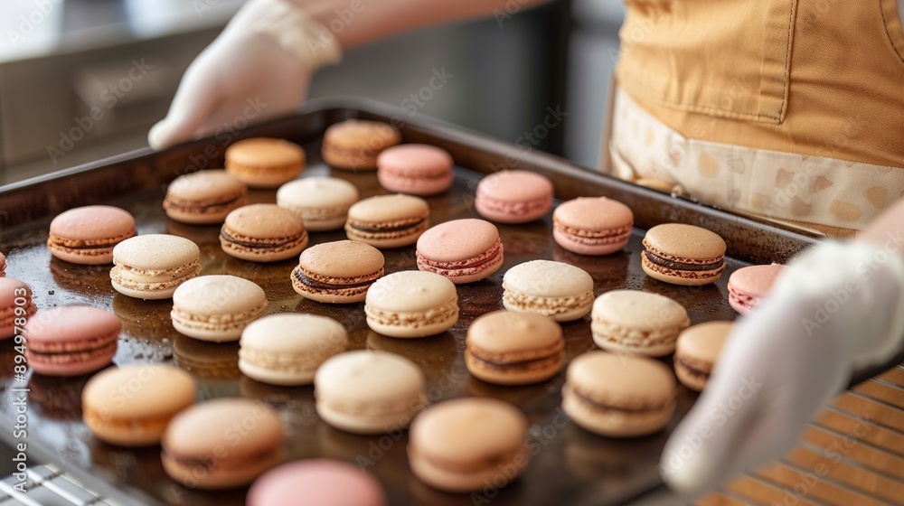 Macaroons arranged in colorful clusters atop a metallic container, framed by a person in the background Macaroons arranged in colorful clusters atop a metallic container, framed by a person in the background