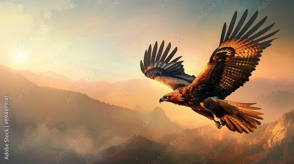 Obraz premium A fierce griffin soaring over a mountainous landscape, photorealistic, dynamic angle, high detail, mythical creature