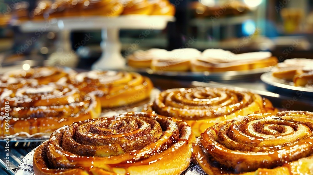   A group of pastries arranged on a metallic stand beside one another atop a table