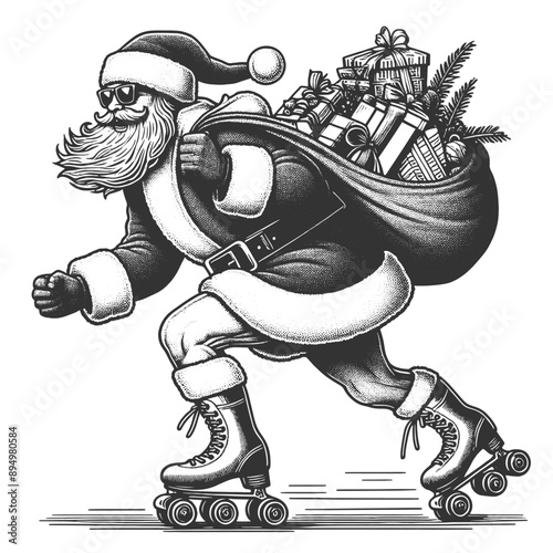 Santa Claus wearing sunglasses and roller skates, with sack of gifts. Fun and festive holiday scene sketch engraving generative ai vector illustration. Scratch board imitation. Black and white image.