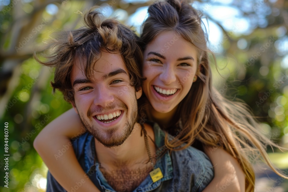 Portrait of a grinning couple in their 20s piggybacking Portrait of a grinning couple in their 20s piggybacking