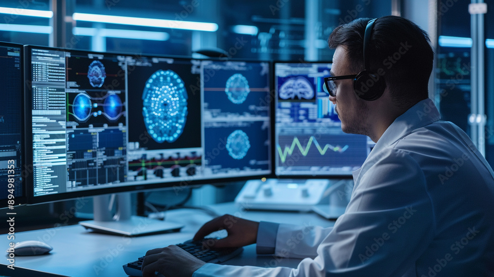 a data scientist using machine learning models on a computer. a data scientist using machine learning models on a computer.