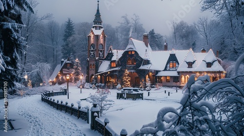 Picturesque view of snowy mountains and houses located on shore against sky in winter photo