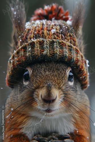 écureuil mignon avec un bonnet de laine sous la neige animal, rigolo, fun, coloré, avec des vêtements, accessoires, humour, mignon photo