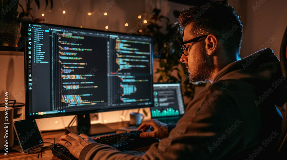 a programmer debugging code on a computer screen. a programmer debugging code on a computer screen.