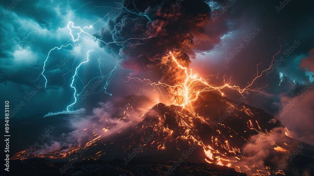 Volcano landscape with lightning and thunderclouds Volcano landscape with lightning and thunderclouds