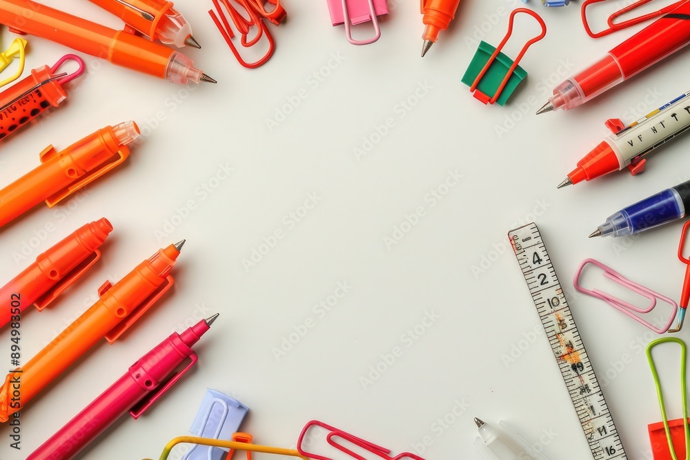Orange pens and red pencils form a circle on a white background, small ruler and colorful markers included, detailed with paper clips.