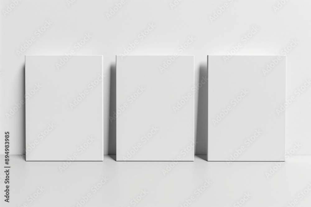 Three blank white canvases positioned side by side against a seamless white wall, creating a minimalist and clean aesthetic. The canvases are perfectly aligned, their surfaces pristine and ready for a Three blank white canvases positioned side by side against a seamless white wall, creating a minimalist and clean aesthetic. The canvases are perfectly aligned, their surfaces pristine and ready for a