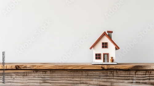 Small house on wooden table with white backdrop and space for text