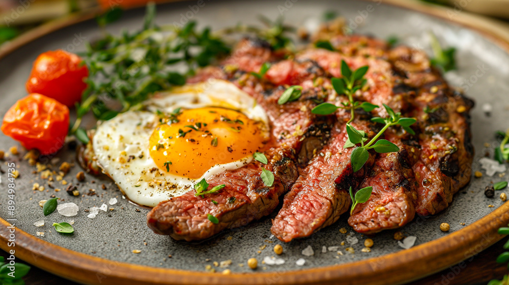 a rustic breakfast table with a hearty plate of steak and eggs, garnished with fresh herbs. a rustic breakfast table with a hearty plate of steak and eggs, garnished with fresh herbs.