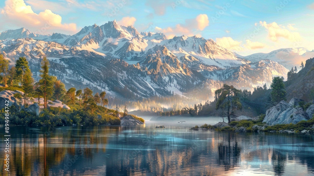 Stunning AI-generated landscape with snow-capped mountains, serene lake, and lush greenery. Digital art style shows nature's beauty. Perfect for backgrounds and wallpapers. AI Stunning AI-generated landscape with snow-capped mountains, serene lake, and lush greenery. Digital art style shows nature's beauty. Perfect for backgrounds and wallpapers. AI