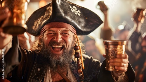 Happy Pirate Cheers With A Cup In His Hand. photo