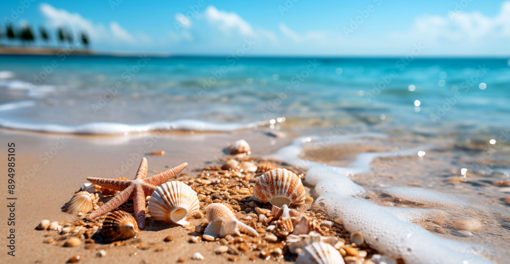 Seashells and starfish on sandy beach. Generative AI Seashells and starfish on sandy beach. Generative AI