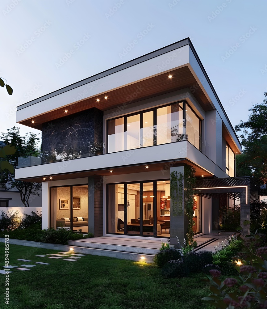 Modern House Design with Large Windows and Green Lawn Modern House Design with Large Windows and Green Lawn