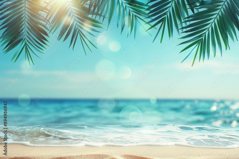 Fototapeta premium Tropical beach with palm leaf summer vacation concept. Vintage style.