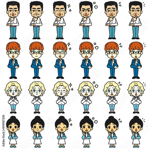 Illustrations of various facial expressions of people of various nationalities. Whole body.
