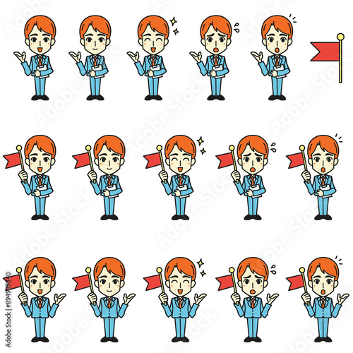 Illustration of a male guide holding a flag. Full body.