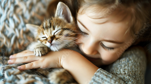 Little girl snuggling and hugging Tabby kitten in bed, friendship bond, copy space