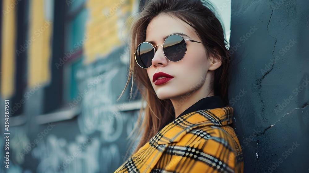 Woman with Sunglasses: A stylish woman wearing sunglasses, posing confidently in an urban setting.
