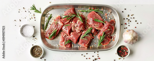 A metal platter featuring raw meat, adorned with an assortment of seasonings. The entire setup is displayed on a white background, captured from an overhead perspective.