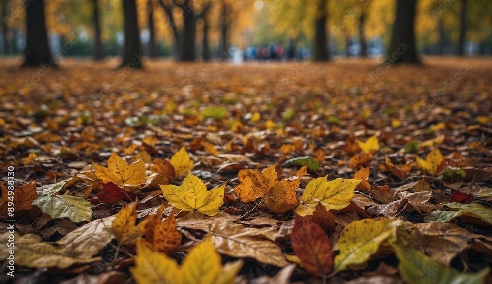 Ground covered with orange and yellow autumn leaves.