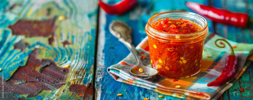 Spicy condiment in a jar on a napkin, with a chili pepper and a spoon nearby, displayed on a colorful background. Spicy condiment in a jar on a napkin, with a chili pepper and a spoon nearby, displayed on a colorful background.
