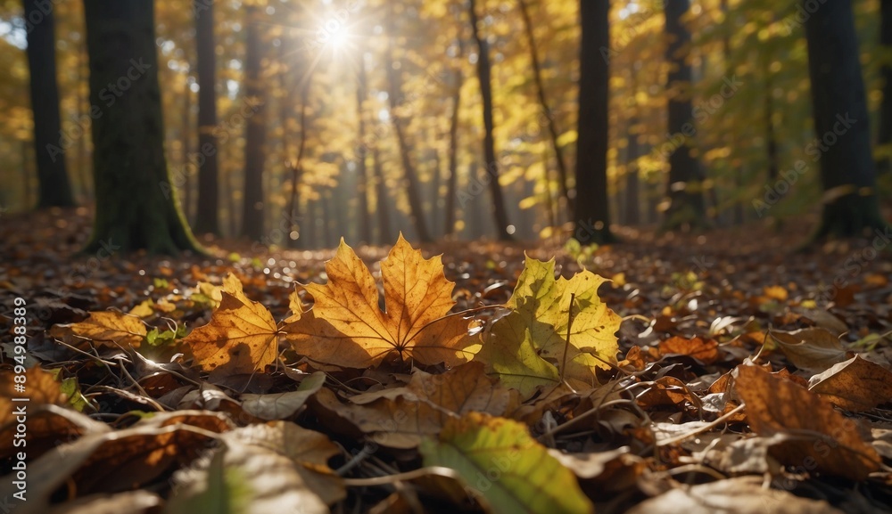 Autumn leaves on forest floor with sunlight shining through Autumn leaves on forest floor with sunlight shining through