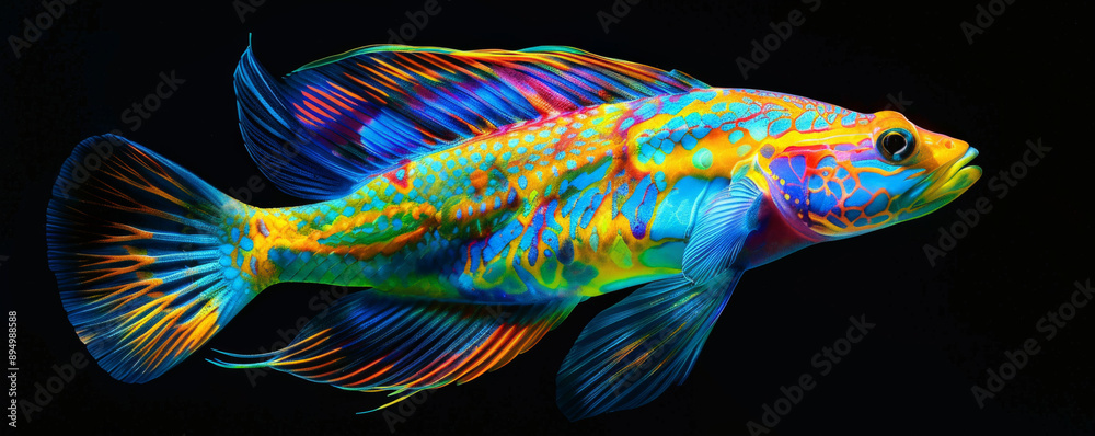 A vibrant, multi-colored wrasse in motion, its bright colors and intricate patterns highlighted against a black background. The fish's fluid, graceful movements create a stunning visual display. A vibrant, multi-colored wrasse in motion, its bright colors and intricate patterns highlighted against a black background. The fish's fluid, graceful movements create a stunning visual display.