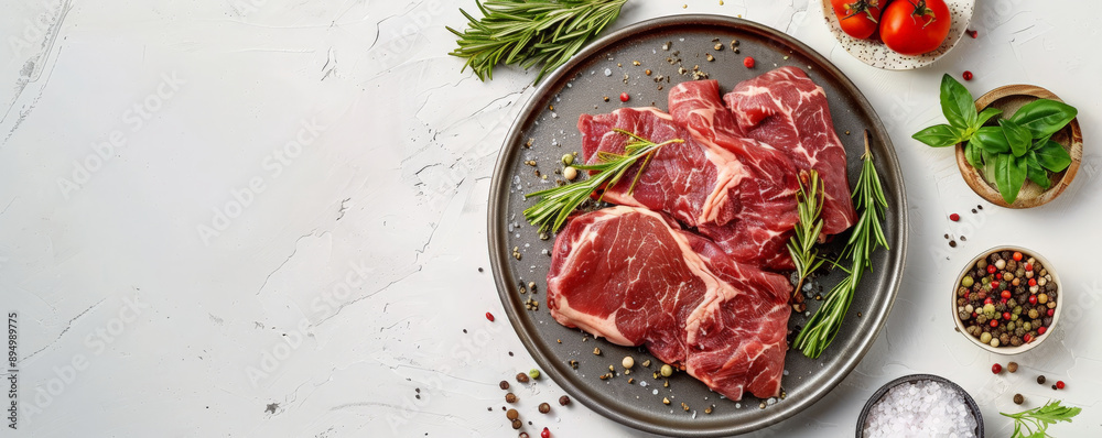 Raw meat placed on a stylish metal platter with a selection of seasonings, photographed from above on a white background. Raw meat placed on a stylish metal platter with a selection of seasonings, photographed from above on a white background.