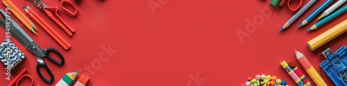 Top view stock photo of school supplies on red, high resolution.