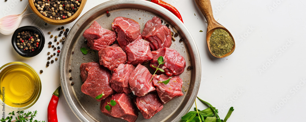 Overhead shot of raw meat on a metal platter, accompanied by various seasonings, all set against a clean white background. Overhead shot of raw meat on a metal platter, accompanied by various seasonings, all set against a clean white background.